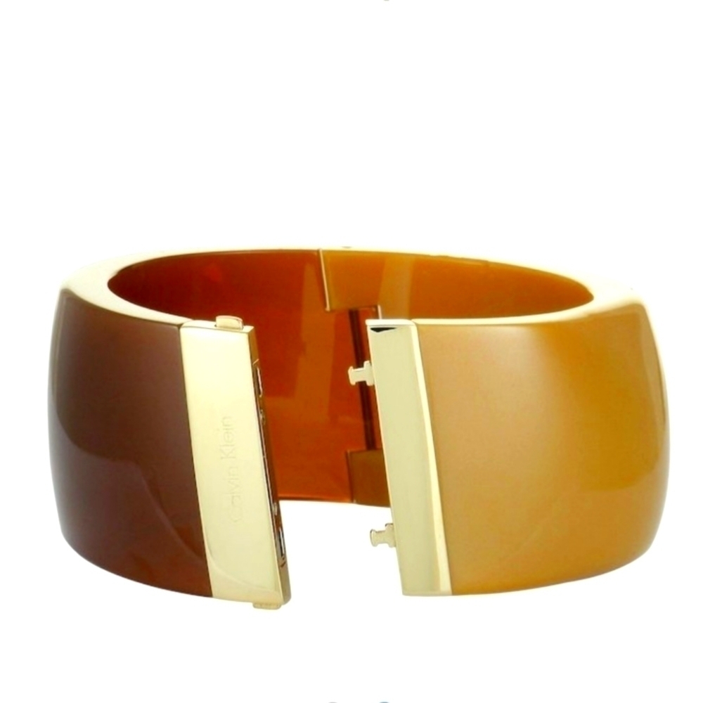 Bracelet Bangle Wide 18K Plated Clasp Brown Gold Retro '80s Style Jewelry - Picture 2 of 8